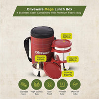 SOPL-OLIVEWARE Mega Lunch Box, 100% Leak Proof, 4 Stainless Steel Containers with BPA Free Airtight Lids (300ml, 450ml, 2x600ml), Fabric Bag - Red