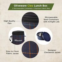 SOPL-OLIVEWARE Cleo Lunch Box, Microwave Safe & Leak Proof, 2 Inside Steel Containers with BPA Free Airtight Lids (450ml & 600ml), with Fabric Bag - Blue