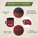 SOPL-OLIVEWARE Infinite Lunch Box, Microwave Safe & Leak Proof, 3 Inside Steel Containers with BPA Free Airtight Lids (290ml, 450ml & 600ml), Fabric Bag - Red
