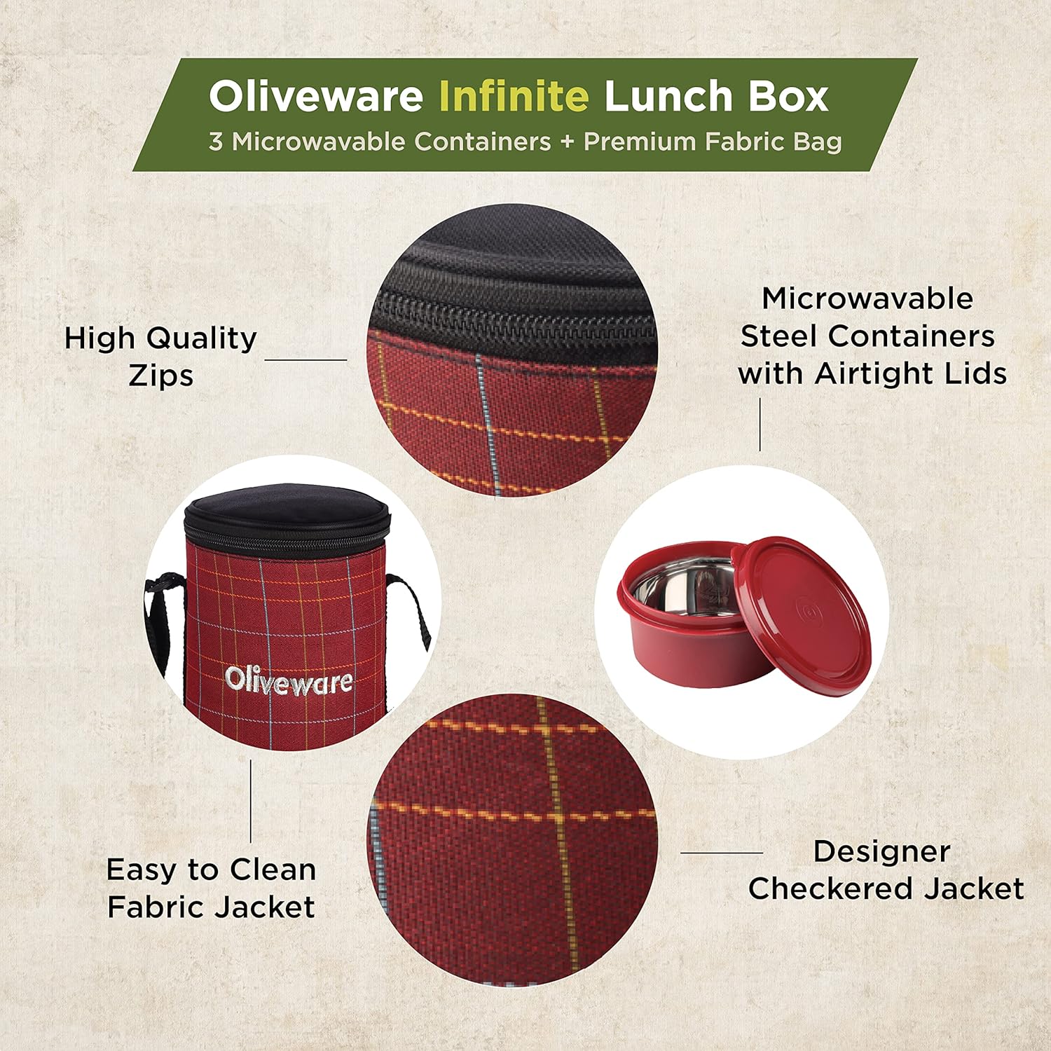 SOPL-OLIVEWARE Infinite Lunch Box, Microwave Safe & Leak Proof, 3 Inside Steel Containers with BPA Free Airtight Lids (290ml, 450ml & 600ml), Fabric Bag - Red