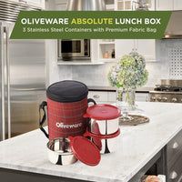 SOPL-OLIVEWARE Absolute Lunch Box, 100% Leak Proof, 3 Stainless Steel Containers with BPA Free Lids (2x600ml & 450ml), Fabric Bag - Red