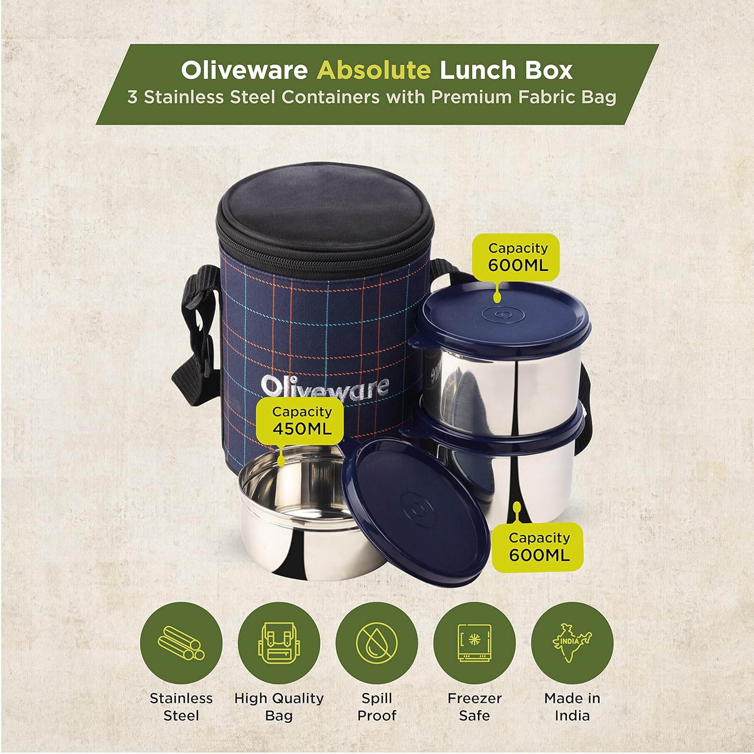 SOPL-OLIVEWARE Absolute Lunch Box, 100% Leak Proof, 3 Stainless Steel Containers with BPA Free Lids (2 * 600ml & 450ml), Fabric Bag - Blue