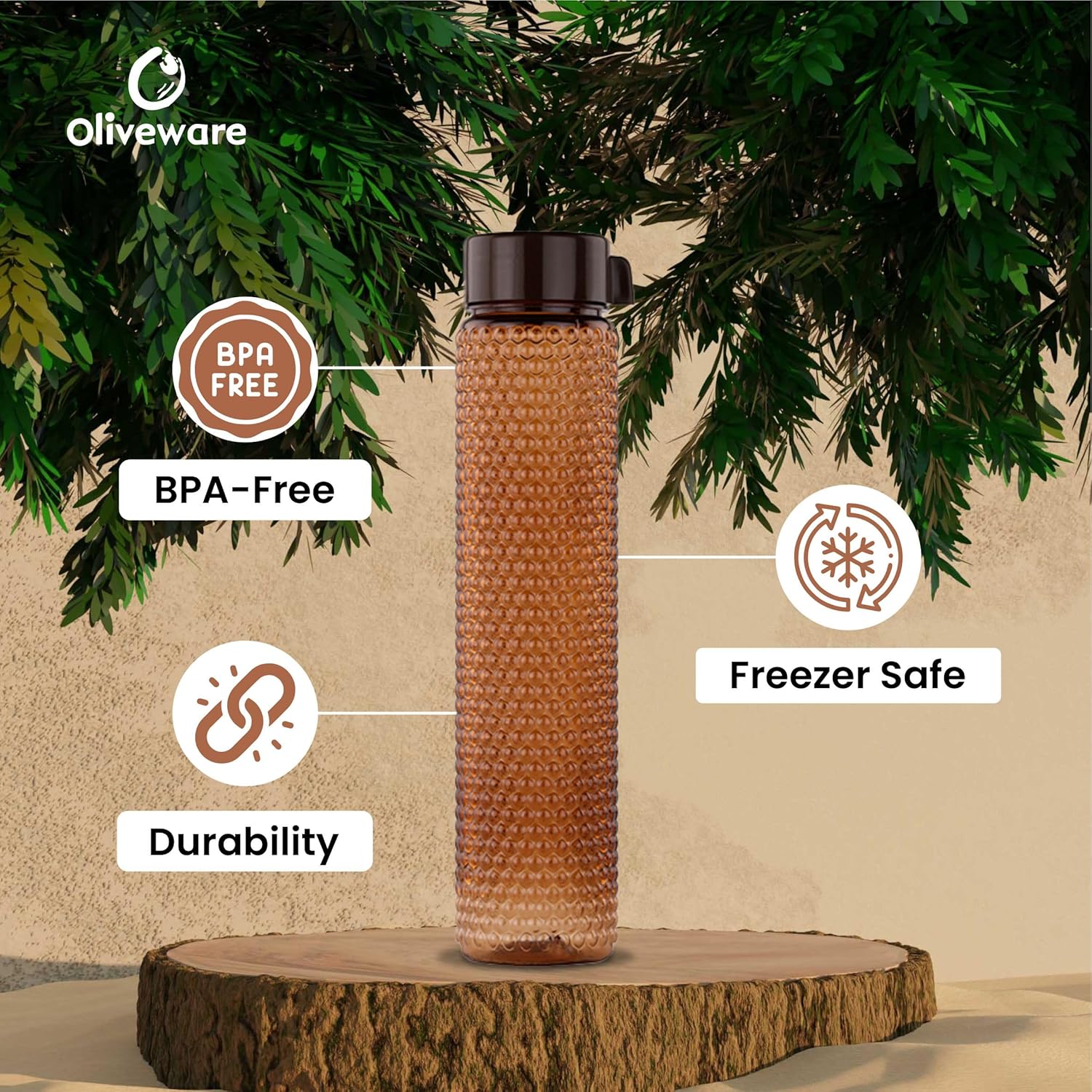 oliveware Premium RIDGED Range Plastic Water Bottle, 400ml, Set of 3, Brown