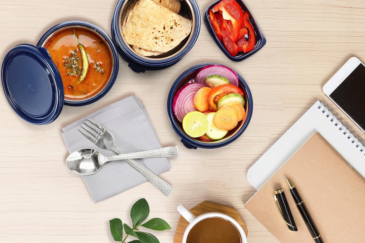 SOPL-OLIVEWARE Executive Lunch Box Series, Microwave Safe & Leak Proof, 3 Inside Steel Container with BPA Free Airtight Lid (290ml, 450ml & 600ml), Plastic Pickle Box (130ml), Steel Cutlery - Blue