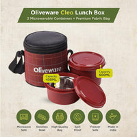SOPL-OLIVEWARE Cleo Lunch Box, Microwave Safe & Leak Proof, 2 Inner Steel Containers with BPA Free Airtight Lids (450ml & 600ml), Fabric Bag - Red