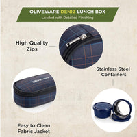 SOPL-OLIVEWARE Deniz Lunch Box, 2 Stainless Steel Containers (450 ml Each), Leak Proof & Microwave Safe, Insulated Fabric Bag, Full Meal & Easy to Carry (Blue)