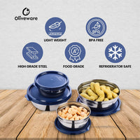 oliveware Elegant Combo Storage Containers, 100% Leak Proof and Dishwasher Safe, 4 Stainless Steel Containers with BPA Free Lid (2x450ml & 2x250ml) - Blue
