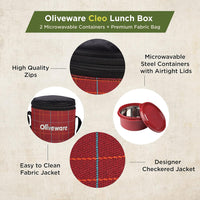 SOPL-OLIVEWARE Cleo Lunch Box, Microwave Safe & Leak Proof, 2 Inner Steel Containers with BPA Free Airtight Lids (450ml & 600ml), Fabric Bag - Red