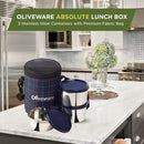 SOPL-OLIVEWARE Absolute Lunch Box, 100% Leak Proof, 3 Stainless Steel Containers with BPA Free Lids (2 * 600ml & 450ml), Fabric Bag - Blue