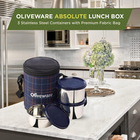 SOPL-OLIVEWARE Absolute Lunch Box, 100% Leak Proof, 3 Stainless Steel Containers with BPA Free Lids (2 * 600ml & 450ml), Fabric Bag - Blue