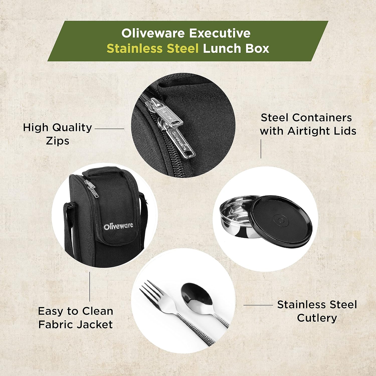 SOPL-OLIVEWARE Executive Lunch Box, 100% Leak Proof, 4 Stainless Steel Containers with BPA Free Lids (2x300ml & 2x600ml), Plastic Pickle Box (130ml), Steel Cutlery, Fabric Bag - Black