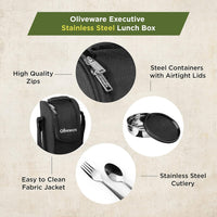 SOPL-OLIVEWARE Executive Lunch Box, 100% Leak Proof, 4 Stainless Steel Containers with BPA Free Lids (2x300ml & 2x600ml), Plastic Pickle Box (130ml), Steel Cutlery, Fabric Bag - Black