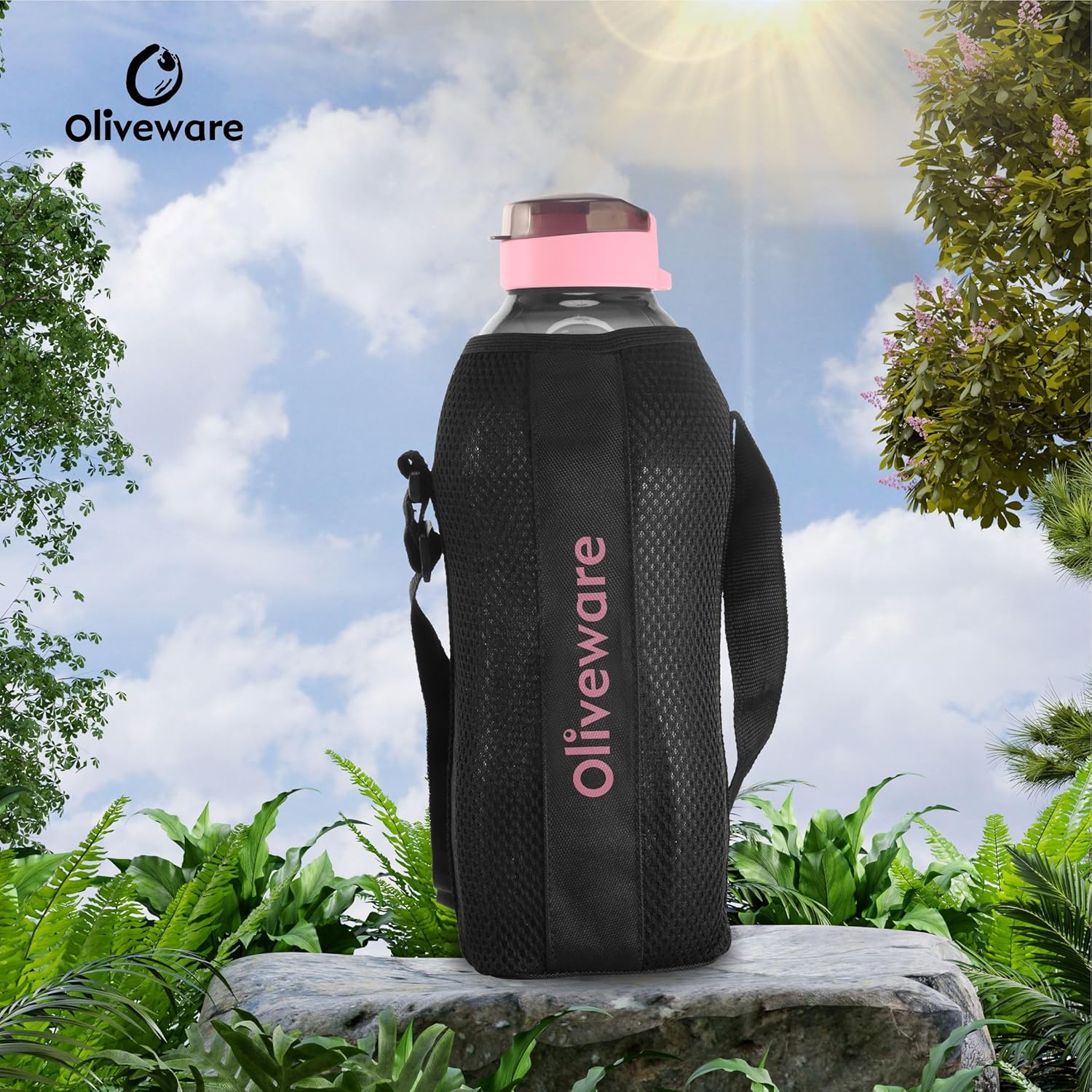 oliveware SOPL Jumbo Water Bottle With Washable Carry Sleeve, Shoulder Strap, 2 Litre Bottle, BPA Free & Leak Proof, Fits in Fridge, Pack of 1 (Black_Pink)