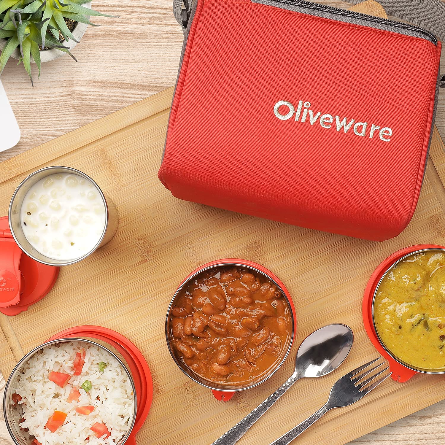 SOPL-OLIVEWARE Milano Lunch Box, Leak Proof, 3 Stainless Steel Containers with BPA Free Lids (300ml, 450ml, 600ml), Steel Spoon & Tumbler (400ml), Fabric Bag - Red