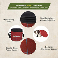 SOPL-OLIVEWARE Bliss Lunch Box, 100% Leak Proof, 3 Stainless Steel Containers with BPA Free Airtight Lids (300 ml, 450 ml, 600 ml), Fabric Bag - Red
