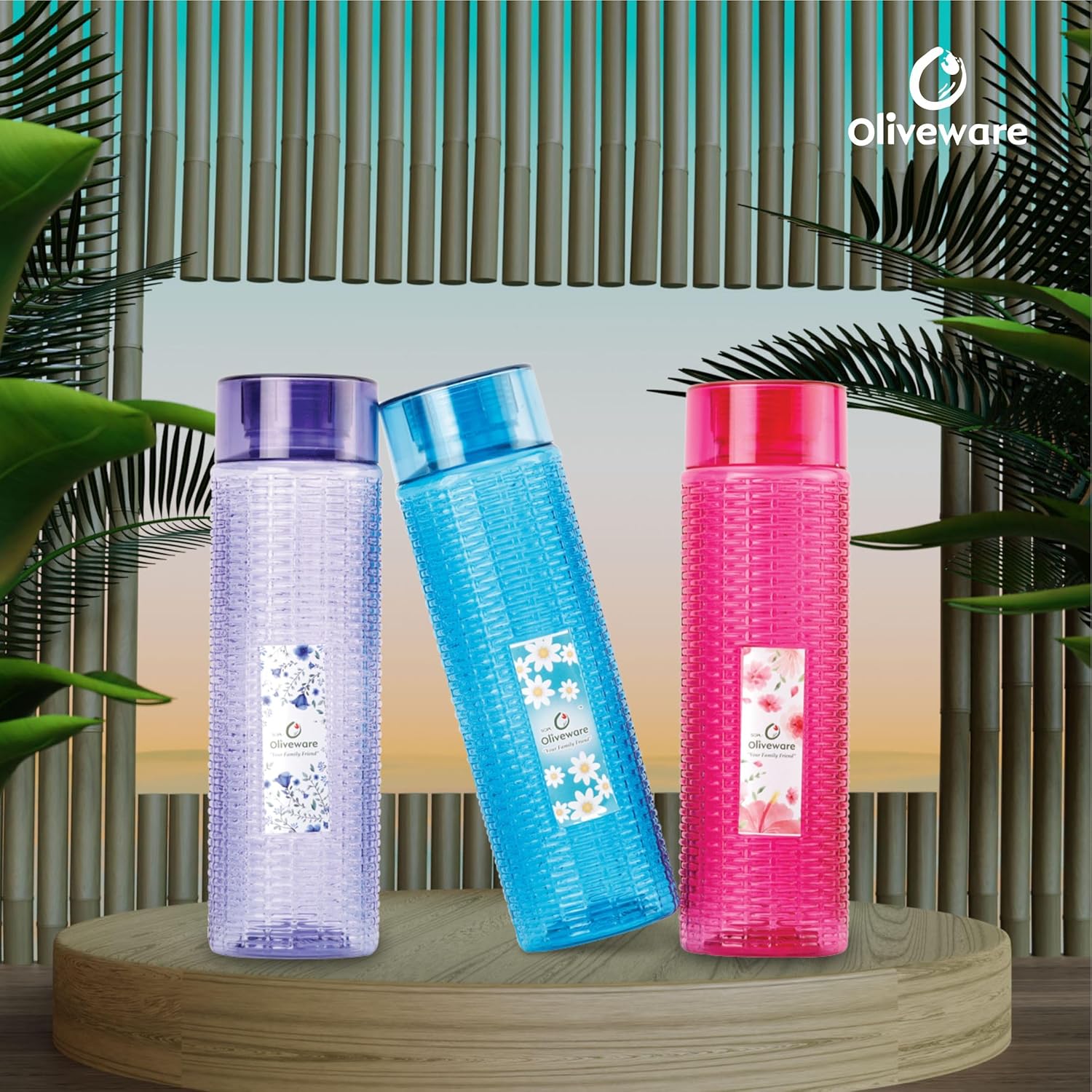 oliveware Round Water Bottle, BPA Free & 100% Leak Proof, 1 Litre Bottle, Better Grip, for Home & Office Use, Set of 6 - Blue