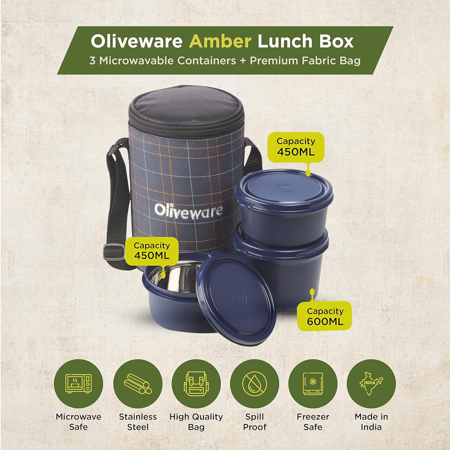 SOPL-OLIVEWARE Amber Lunch Box, Microwave Safe & Leak Proof, 3 Inside Steel Containers with BPA Free Lids (2 * 450ml & 600ml), Fabric Bag - Blue