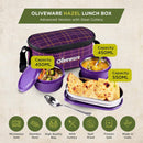 SOPL-OLIVEWARE Hazel Lunch Box, Leak Proof & Microwave Safe, 3 Stainless Steel Containers (450ml, 450ml, 550ml), Insulated Fabric Bag, Full Meal & Easy to Carry (Voilet)