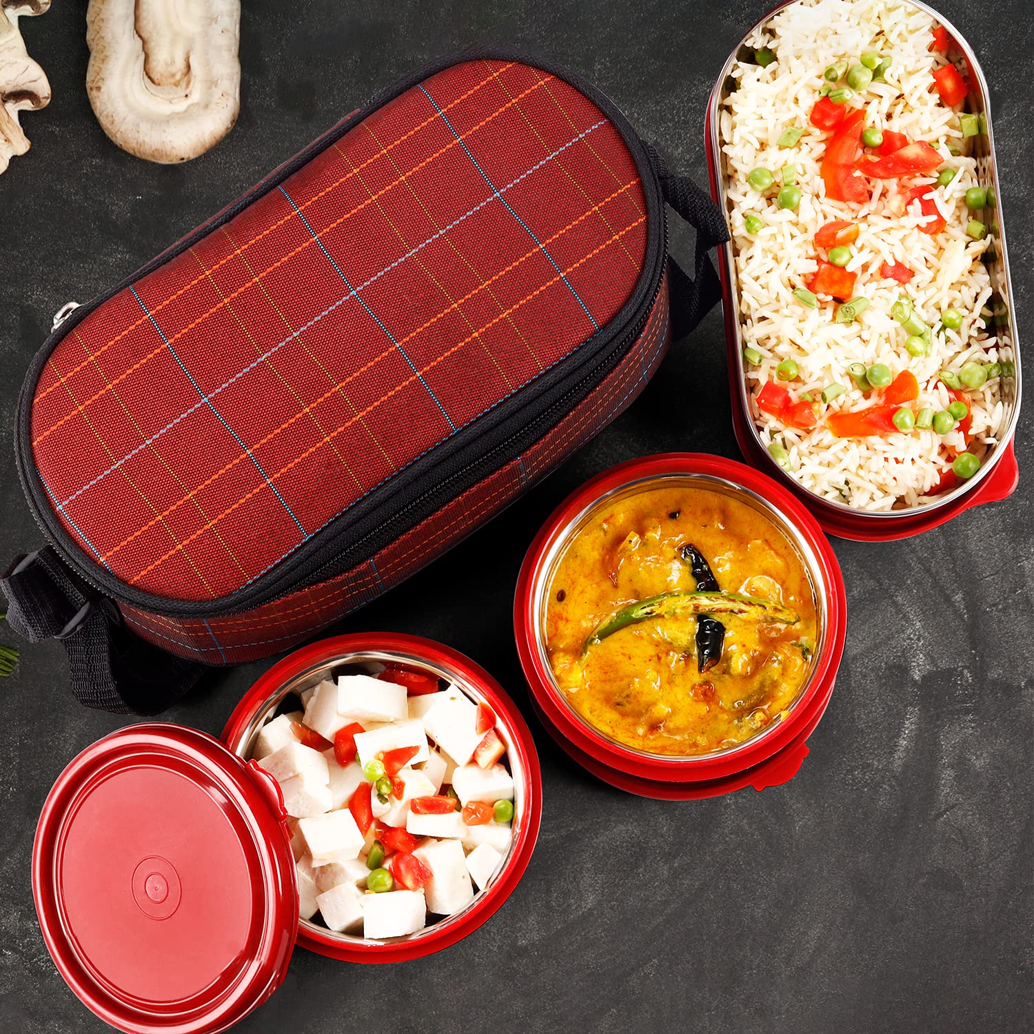 SOPL-OLIVEWARE Hazel Lunch Box, Leak Proof & Microwave Safe, 3 Stainless Steel Containers (450ml, 450ml, 550ml), Insulated Fabric Bag, Full Meal & Easy to Carry (Red)