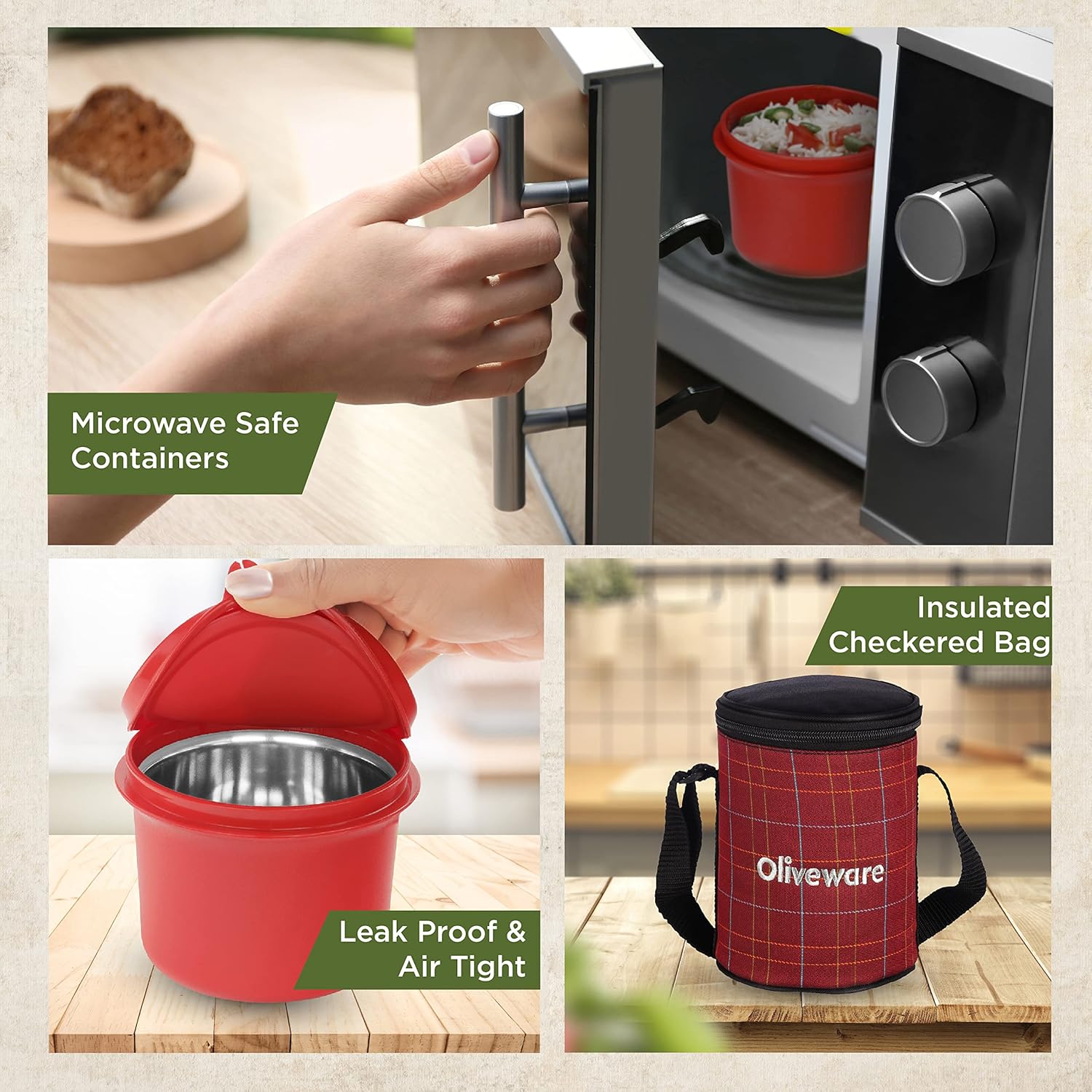 SOPL-OLIVEWARE Infinite Lunch Box, Microwave Safe & Leak Proof, 3 Inside Steel Containers with BPA Free Airtight Lids (290ml, 450ml & 600ml), Fabric Bag - Red