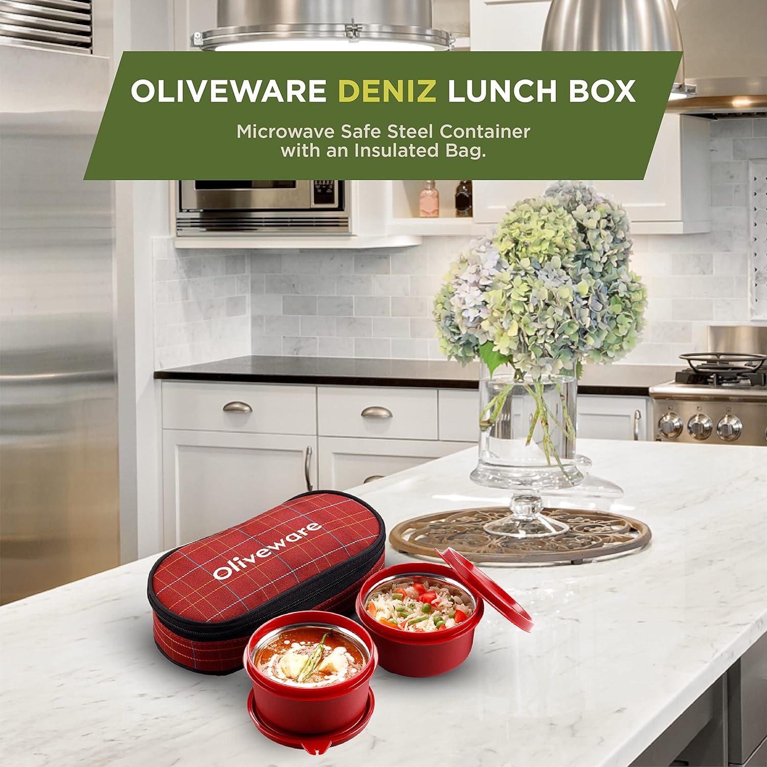 SOPL-OLIVEWARE Deniz Lunch Box, 2 Stainless Steel Containers (450 ml Each), Leak Proof & Microwave Safe, Insulated Fabric Bag, Full Meal & Easy to Carry (Red)