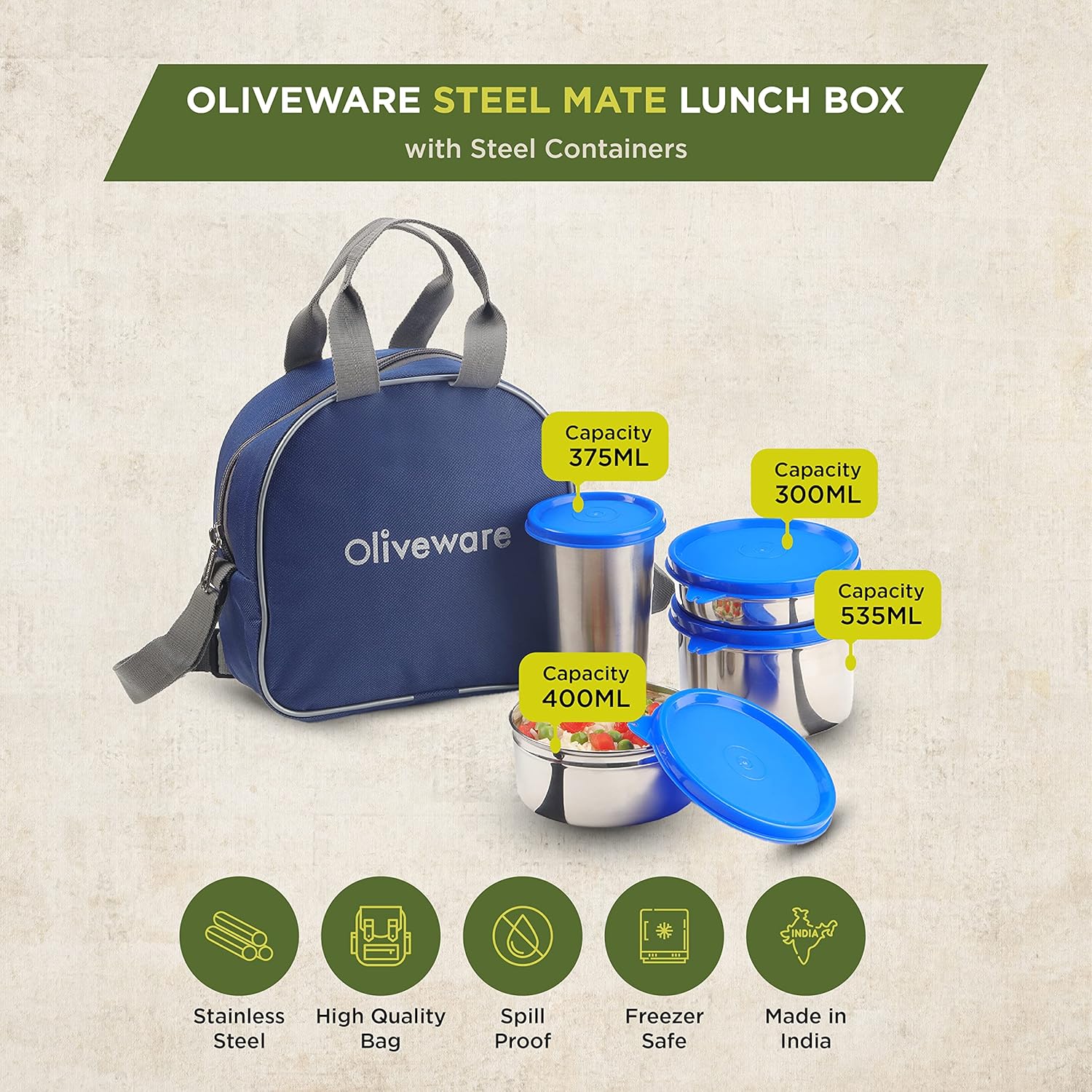 SOPL-OLIVEWARE Steel Mate Lunch Box, Leak Proof, 3 Stainless Steel containers with BPA Free Lids (300ml, 400ml & 535ml), Steel Tumbler (375ml), Fabric Bag - Red