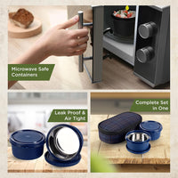 SOPL-OLIVEWARE Deniz Lunch Box, 2 Stainless Steel Containers (450 ml Each), Leak Proof & Microwave Safe, Insulated Fabric Bag, Full Meal & Easy to Carry (Blue)