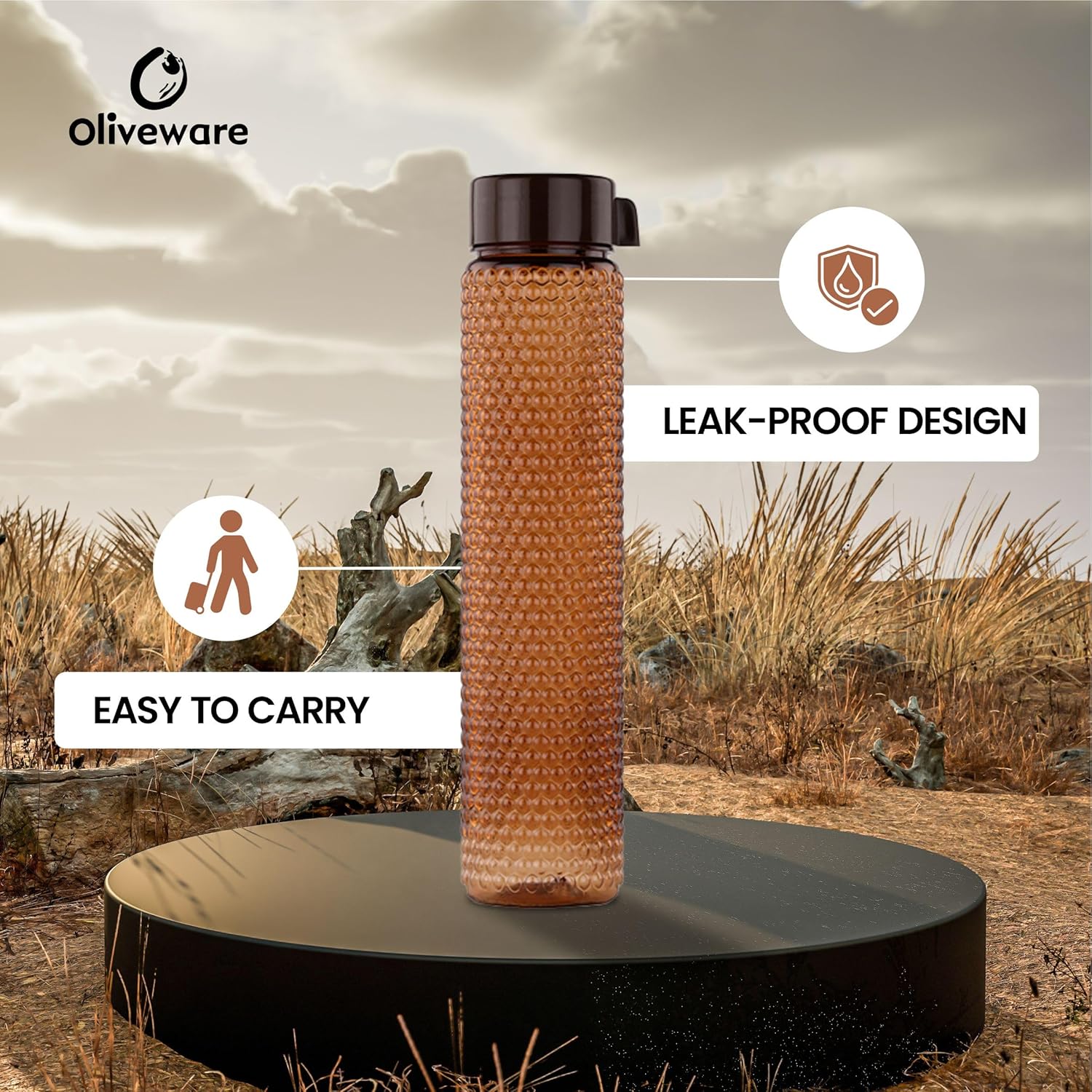 oliveware Premium RIDGED Range Plastic Water Bottle, 400ml, Set of 6, Brown