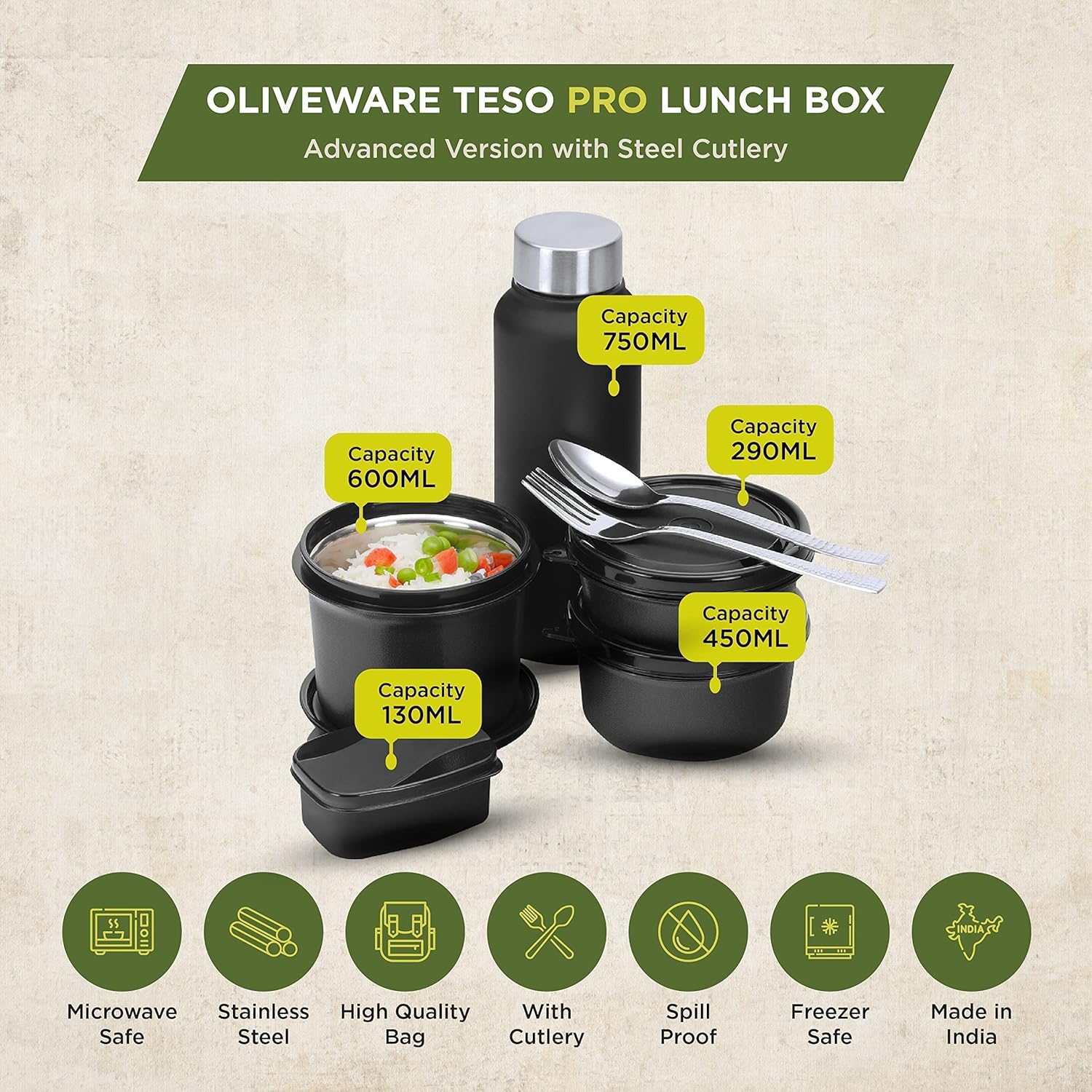 SOPL-OLIVEWARE Teso Pro Lunch Box With Steel Cutlery,3 Microwave Safe Inner Steel Containers With Bpa Free Lids(290Ml,450Ml&600Ml)Plastic Pickle Box(130Ml)Steel Water Bottle(750Ml)-Black,600 ML