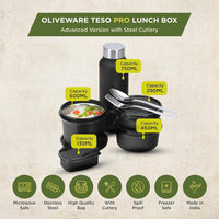 SOPL-OLIVEWARE Teso Pro Lunch Box With Steel Cutlery,3 Microwave Safe Inner Steel Containers With Bpa Free Lids(290Ml,450Ml&600Ml)Plastic Pickle Box(130Ml)Steel Water Bottle(750Ml)-Black,600 ML