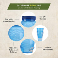 Oliveware Boom Jug | Blue | 4000 ML Capacity | with a Set of 4 Glasses | BPA Free Premium Range | for Fridge - Home & Office