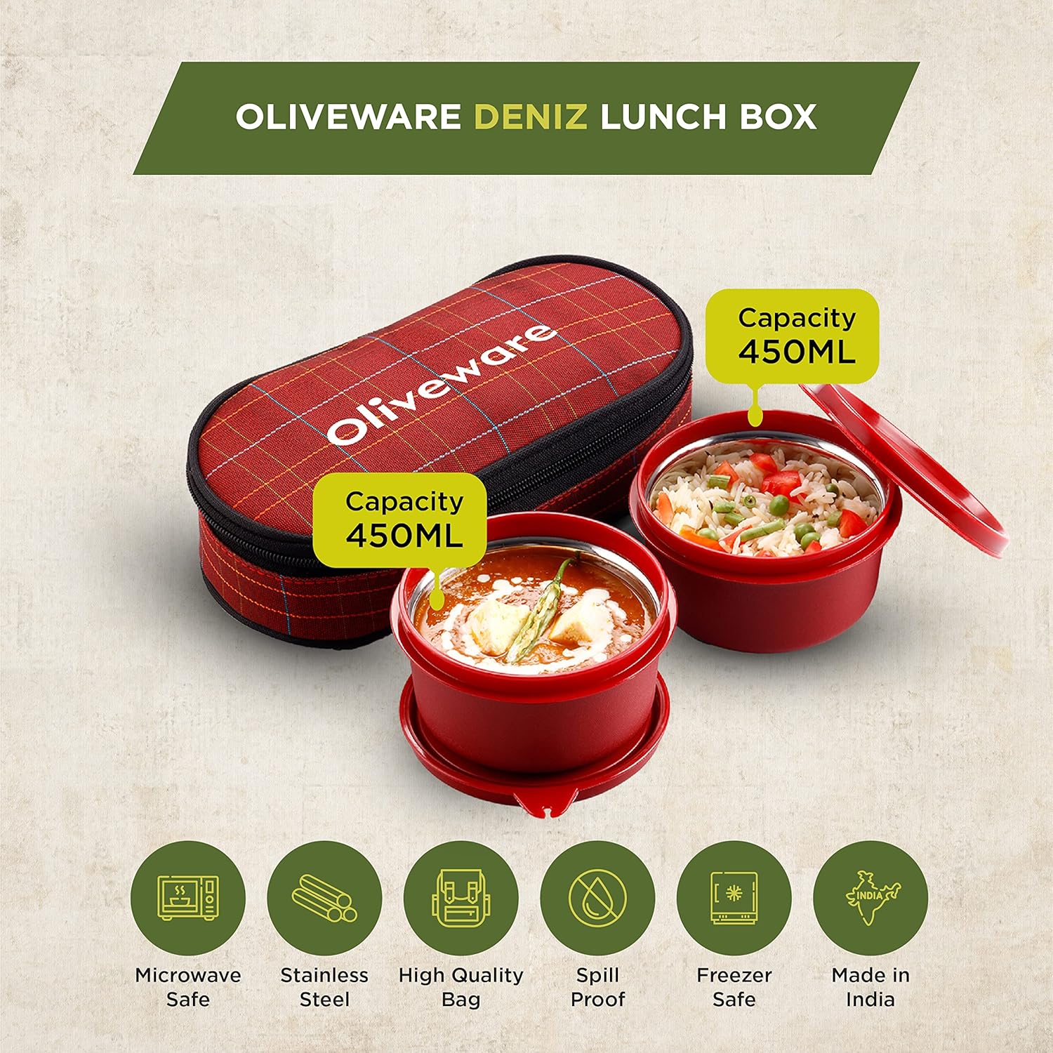 SOPL-OLIVEWARE Deniz Lunch Box, 2 Stainless Steel Containers (450 ml Each), Leak Proof & Microwave Safe, Insulated Fabric Bag, Full Meal & Easy to Carry (Red)