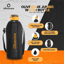 Oliveware Jumbo Water Bottle with Washable Carry Sleeve Shoulder Strap Bag, BPA Free & Leak Proof, Stretchable Sleeve Fits in Fridge (Black - Yellow, 2 L)