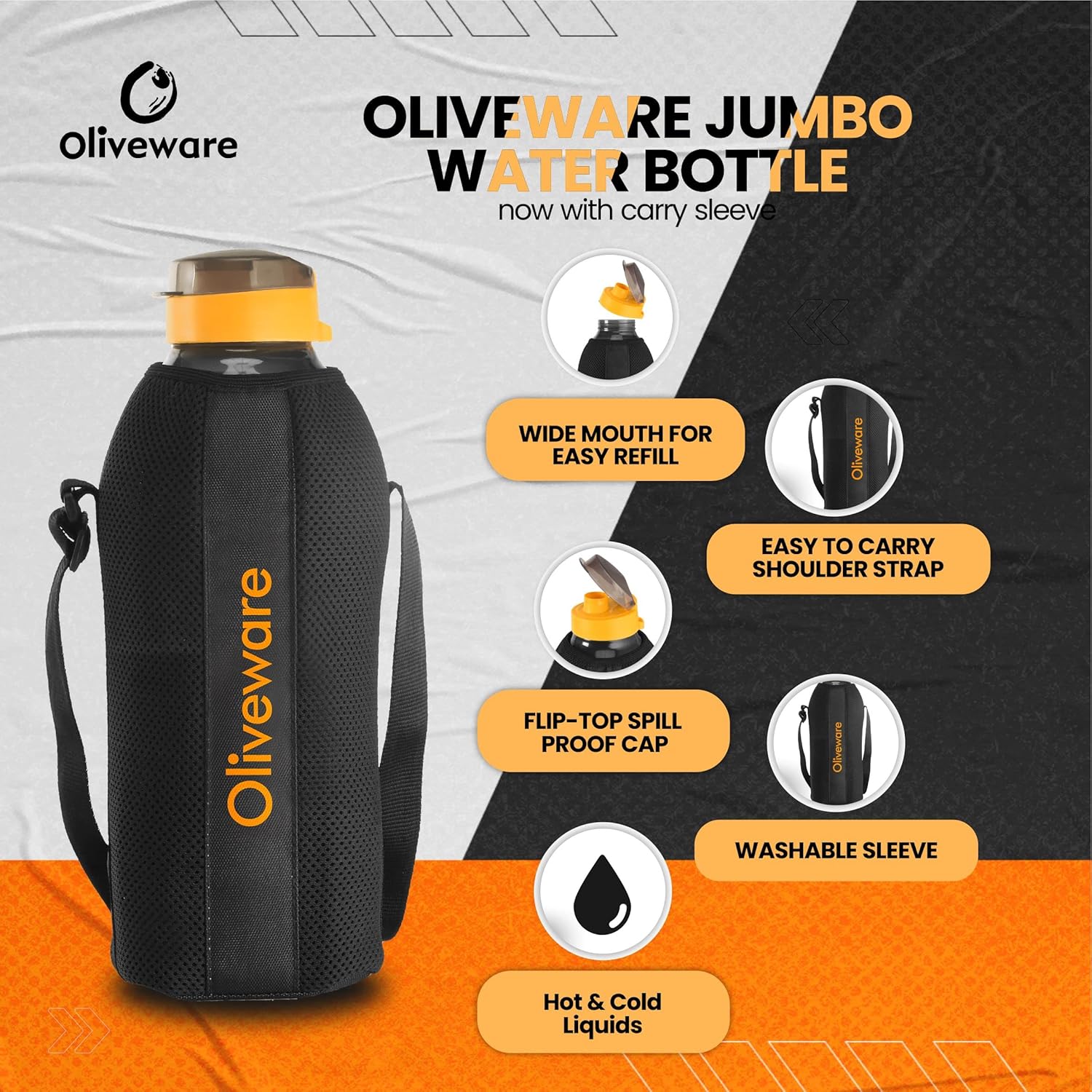 Oliveware Jumbo Water Bottle with Washable Carry Sleeve Shoulder Strap Bag, BPA Free & Leak Proof, Stretchable Sleeve Fits in Fridge (Black - Yellow, 2 L)