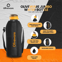 Oliveware Jumbo Water Bottle with Washable Carry Sleeve Shoulder Strap Bag, BPA Free & Leak Proof, Stretchable Sleeve Fits in Fridge (Black - Yellow, 2 L)