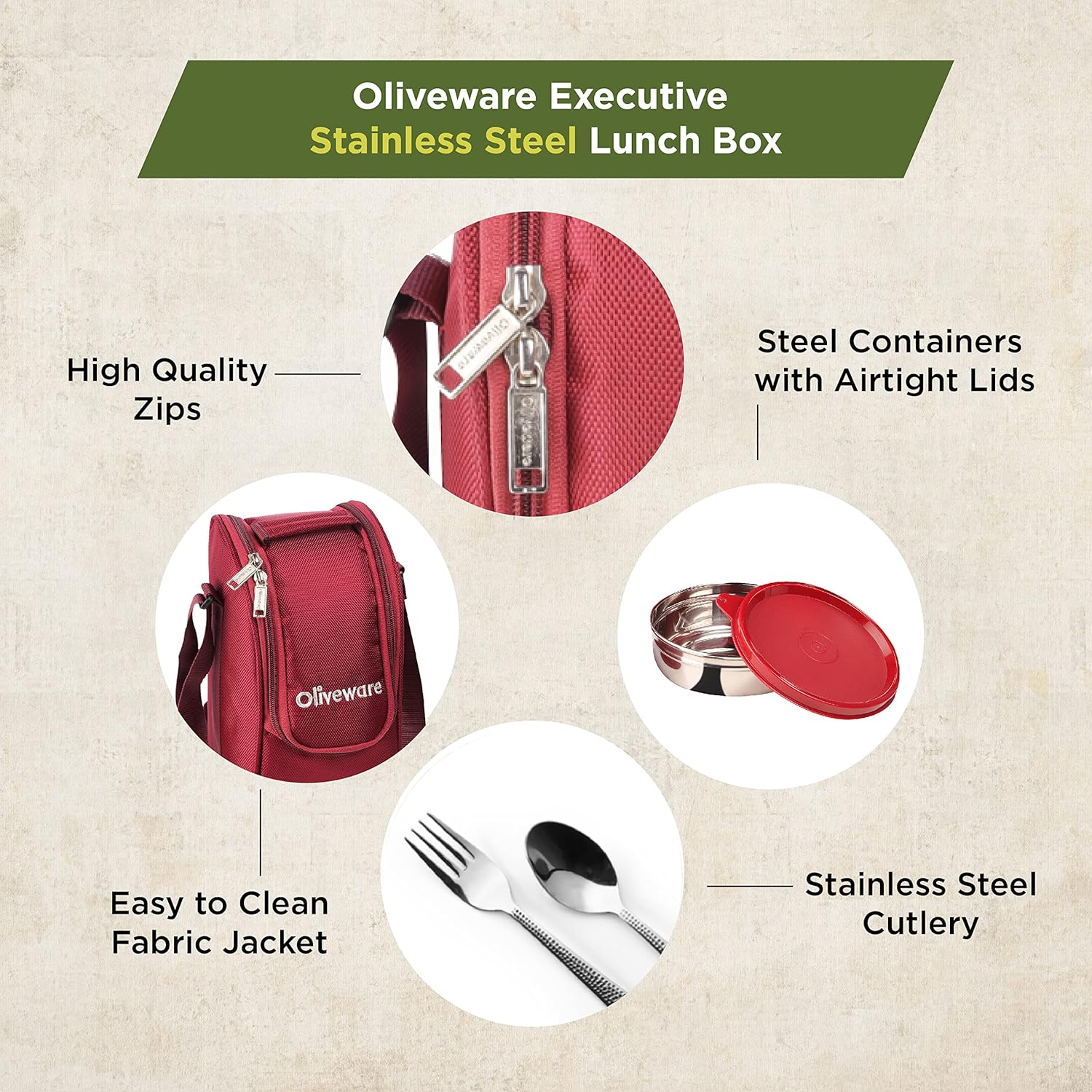 SOPL-OLIVEWARE Executive Lunch Box, 100% Leak Proof, 4 Stainless Steel Containers with BPA Free Lids (2x300ml & 2x600ml), Plastic Pickle Box (130ml), Steel Cutlery, Fabric Bag - Red