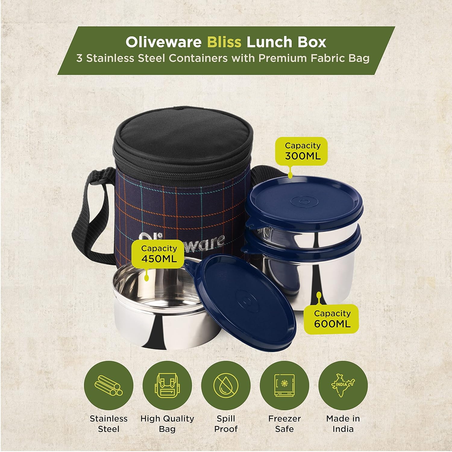 SOPL-OLIVEWARE Bliss Lunch Box, 100% Leak Proof, 3 Stainless Steel Containers with BPA Free Airtight Lids (300ml, 450 ml, 600 ml), Fabric Bag - Blue