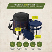 SOPL-OLIVEWARE Bliss Lunch Box, 100% Leak Proof, 3 Stainless Steel Containers with BPA Free Airtight Lids (300ml, 450 ml, 600 ml), Fabric Bag - Blue