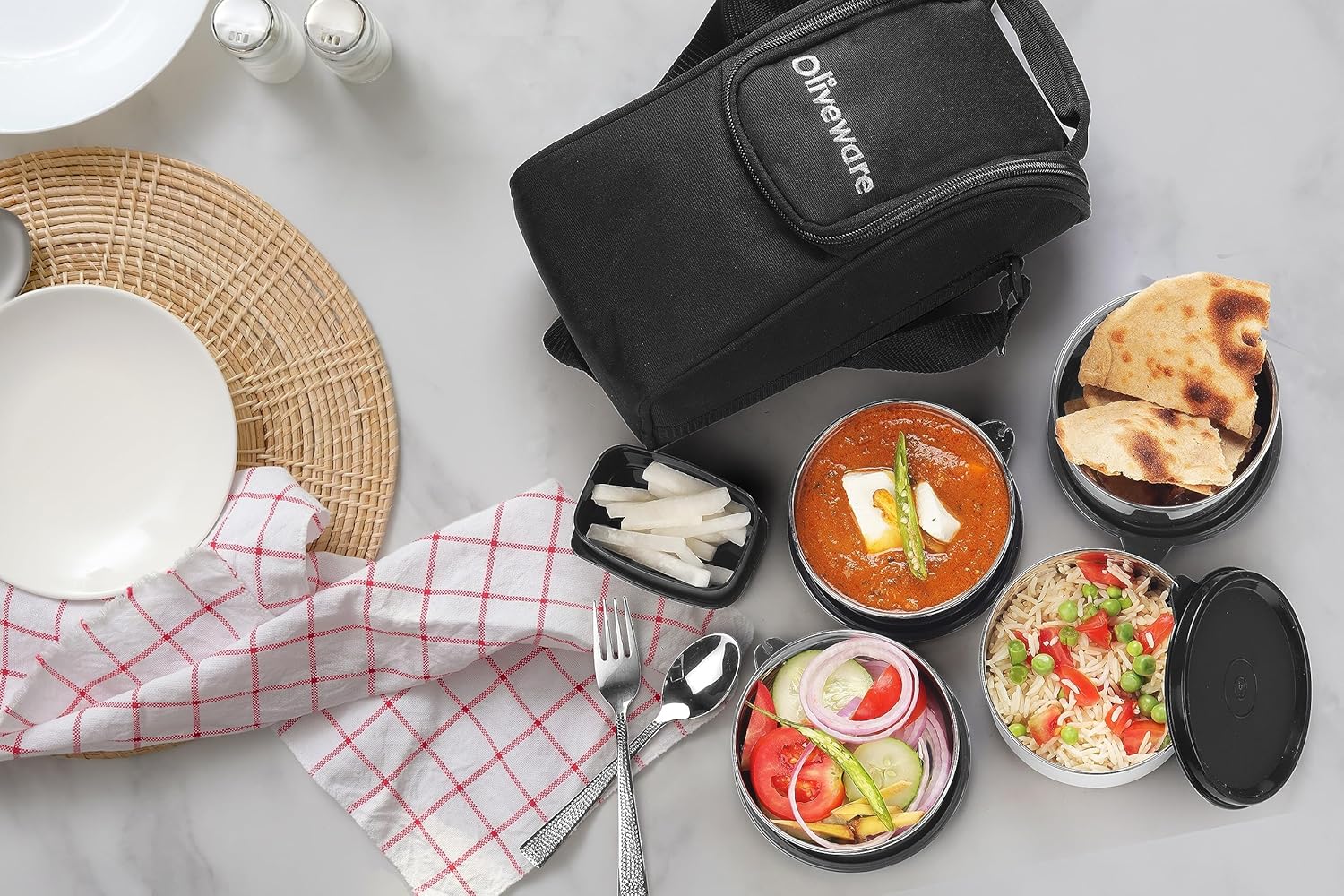 SOPL-OLIVEWARE Executive Lunch Box, 100% Leak Proof, 4 Stainless Steel Containers with BPA Free Lids (2x300ml & 2x600ml), Plastic Pickle Box (130ml), Steel Cutlery, Fabric Bag - Black