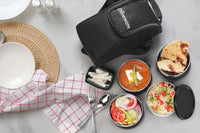 SOPL-OLIVEWARE Executive Lunch Box, 100% Leak Proof, 4 Stainless Steel Containers with BPA Free Lids (2x300ml & 2x600ml), Plastic Pickle Box (130ml), Steel Cutlery, Fabric Bag - Black