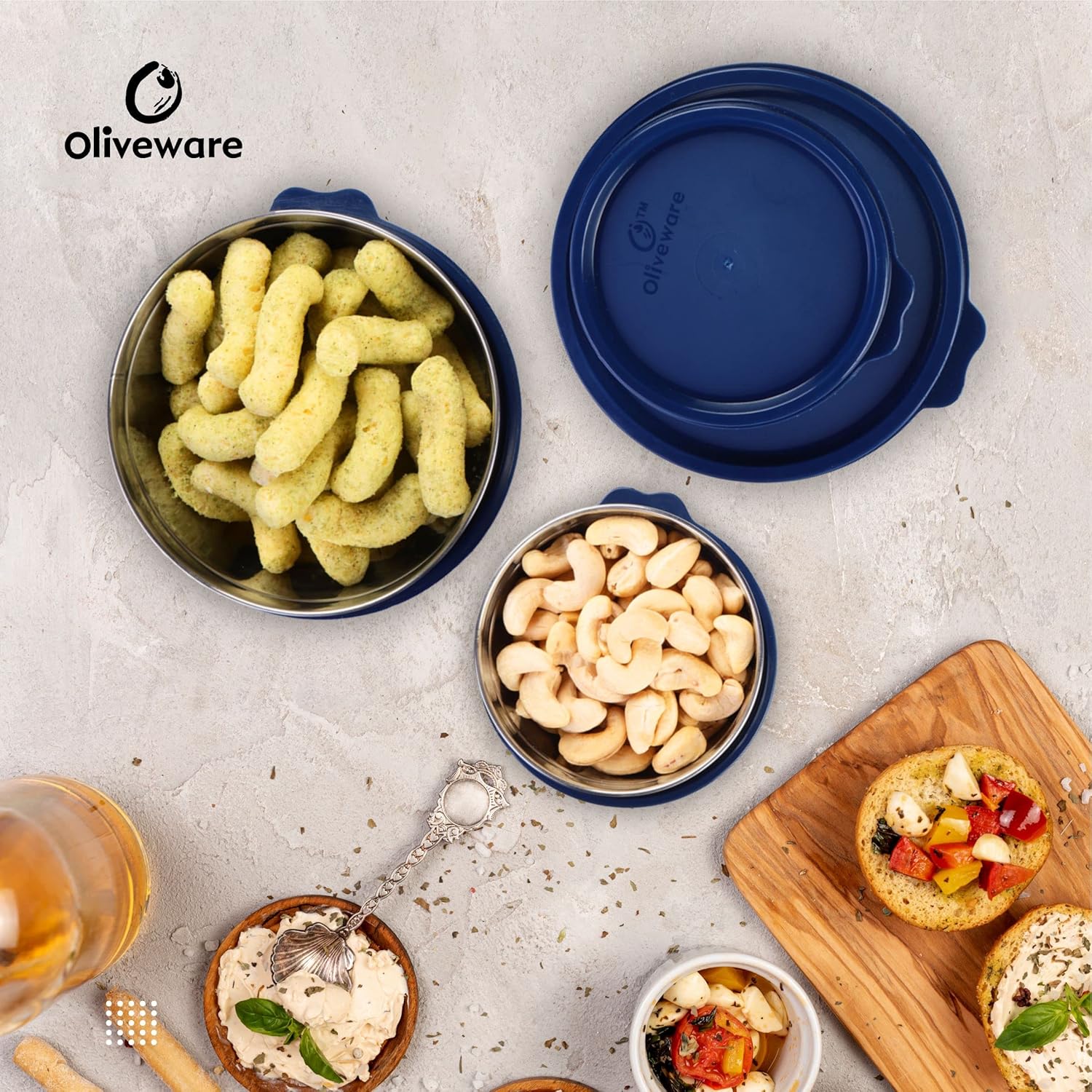 oliveware Elegant Combo Storage Containers, 100% Leak Proof and Dishwasher Safe, 4 Stainless Steel Containers with BPA Free Lid (2x450ml & 2x250ml) - Blue