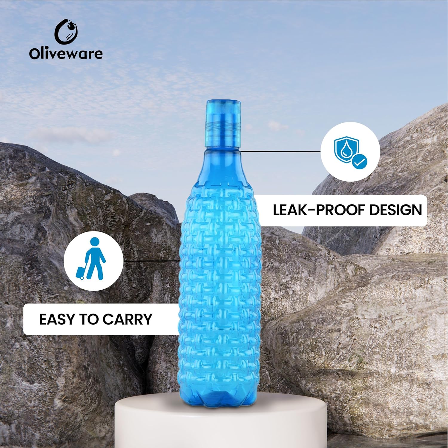 oliveware Premium Plastic Water Bottle, 1L, Set of 3, Blue