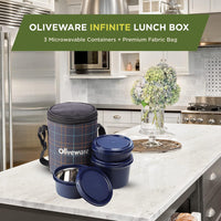 SOPL-OLIVEWARE Infinite Lunch Box, Microwave Safe & Leak Proof, 3 Inside Steel Containers with BPA Free Lids (290ml, 450ml & 600ml), Fabric Bag - Blue
