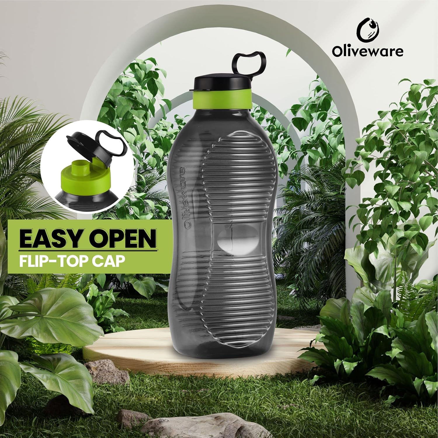oliveware King Premium Plastic Water Bottle, Sturdy with Holder, Better Grip, BPA Free with 100% Leak Proof, 2 Litre Bottle, Set of 1 - (Black_Green)