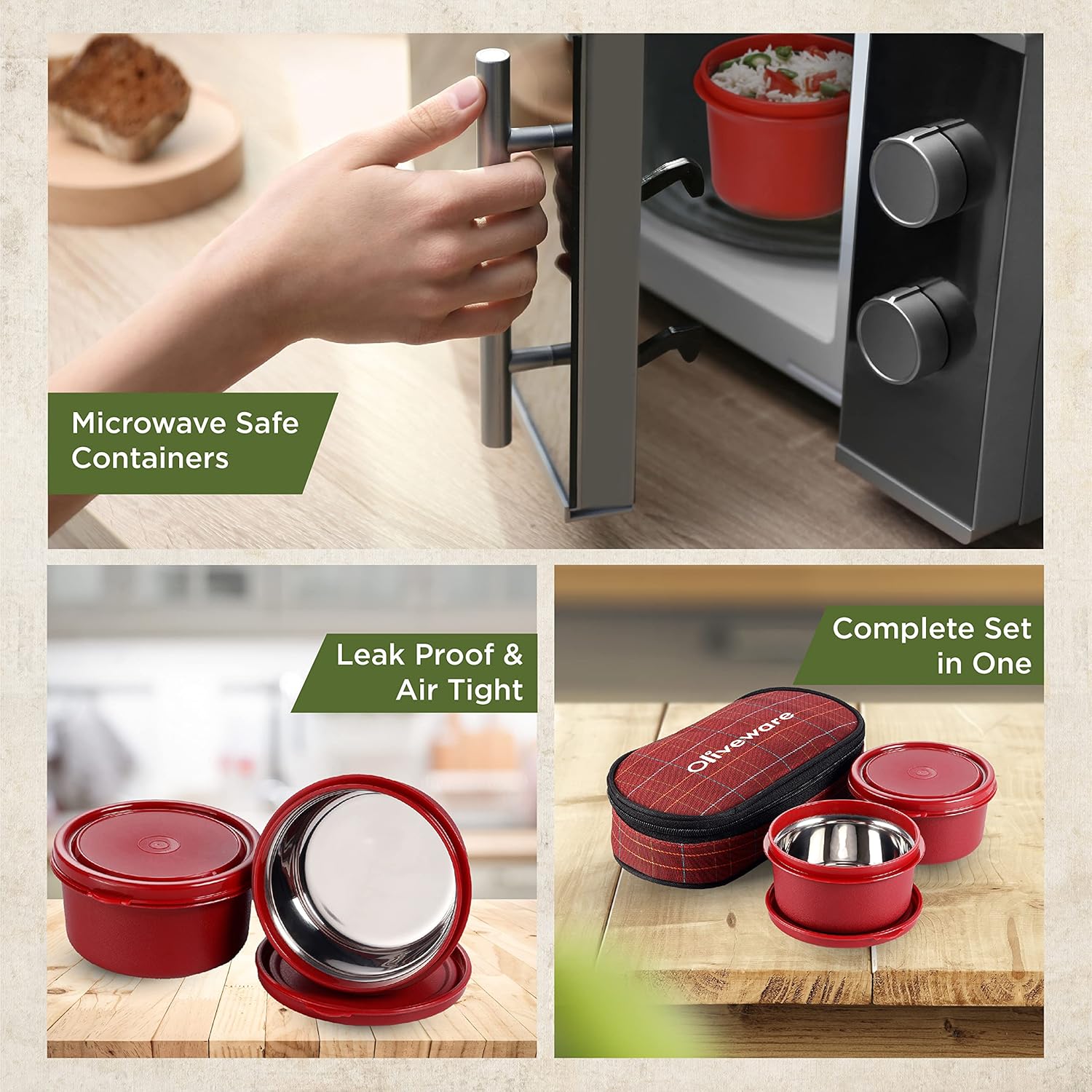 SOPL-OLIVEWARE Deniz Lunch Box, 2 Stainless Steel Containers (450 ml Each), Leak Proof & Microwave Safe, Insulated Fabric Bag, Full Meal & Easy to Carry (Red)