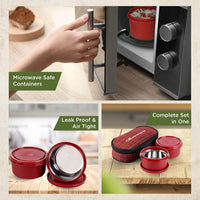SOPL-OLIVEWARE Deniz Lunch Box, 2 Stainless Steel Containers (450 ml Each), Leak Proof & Microwave Safe, Insulated Fabric Bag, Full Meal & Easy to Carry (Red)