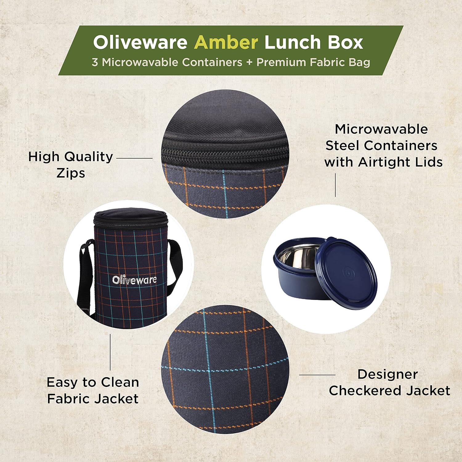SOPL-OLIVEWARE Amber Lunch Box, Microwave Safe & Leak Proof, 3 Inside Steel Containers with BPA Free Lids (2 * 450ml & 600ml), Fabric Bag - Blue