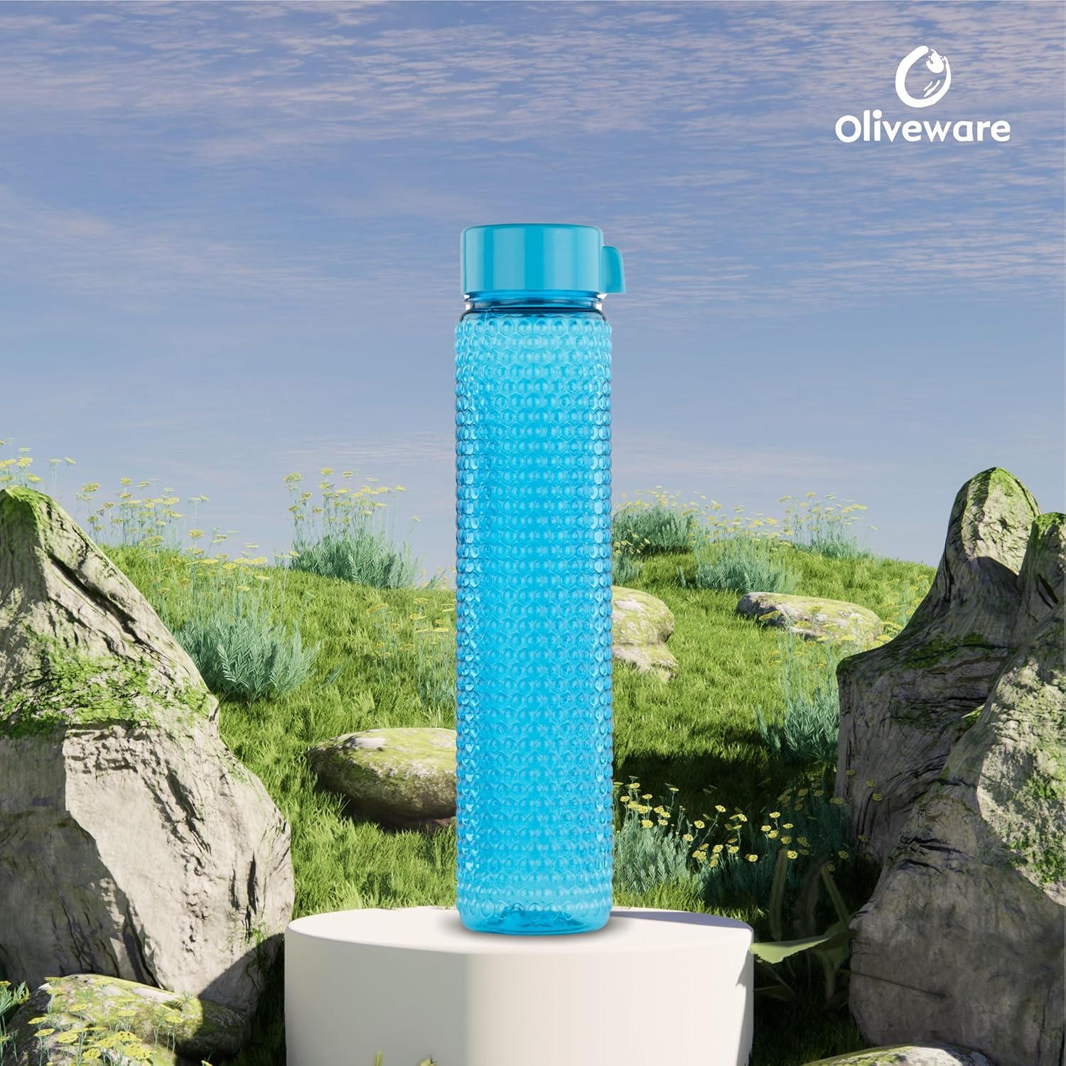 oliveware Premium RIDGED Range Plastic Water Bottle, 400ml, Set of 6, Blue