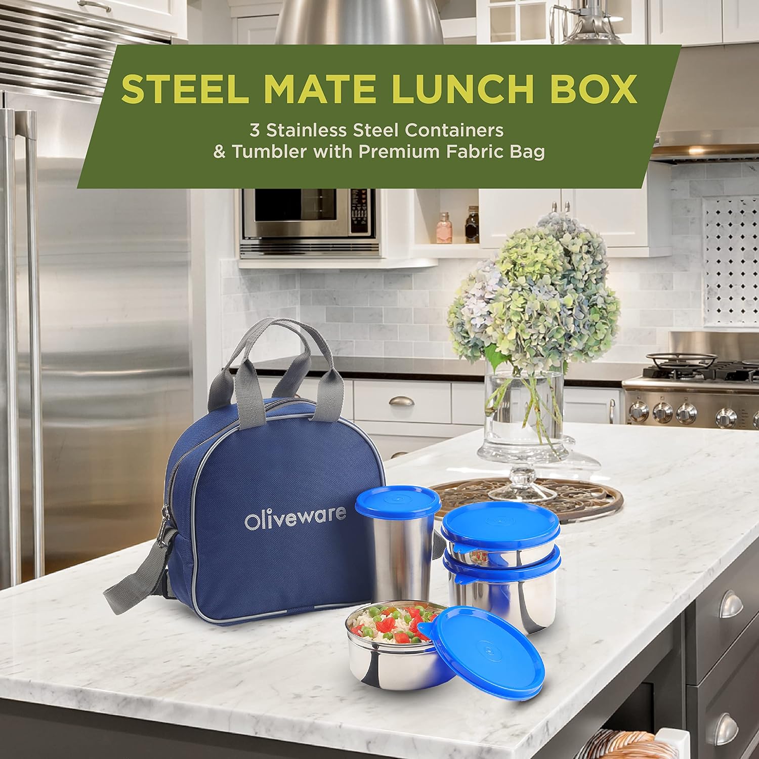 SOPL-OLIVEWARE Steel Mate Lunch Box, Leak Proof, 3 Stainless Steel containers with BPA Free Lids (300ml, 400ml & 535ml), Steel Tumbler (375ml), Fabric Bag - Red