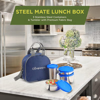 SOPL-OLIVEWARE Steel Mate Lunch Box, Leak Proof, 3 Stainless Steel containers with BPA Free Lids (300ml, 400ml & 535ml), Steel Tumbler (375ml), Fabric Bag - Red